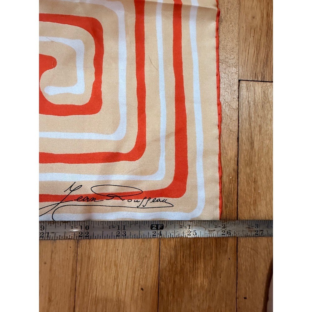 Jean Rousseau Vintage Silk Scarf Orange White Geometric Spiral Mod Square 26in - Picture 2 of 3